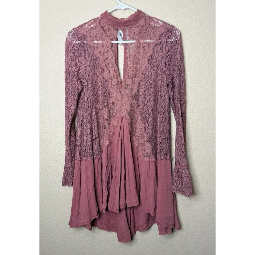 NWT'S Free People Tell‎ Tale Lace Tunic Mini Dress Dusty Mauve Pink
